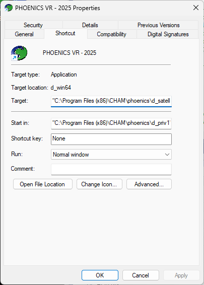 Phoenics VR icon properties tab